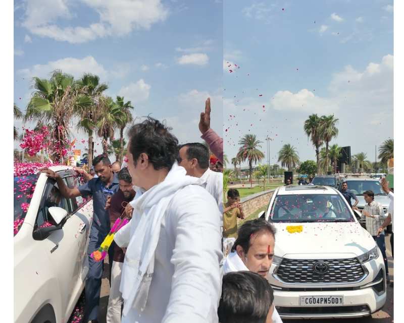 राहुल गांधी का रायपुर में भव्य स्वागत, विकास उपाध्याय ने फूलों की बौछार से किया अभिनंदन